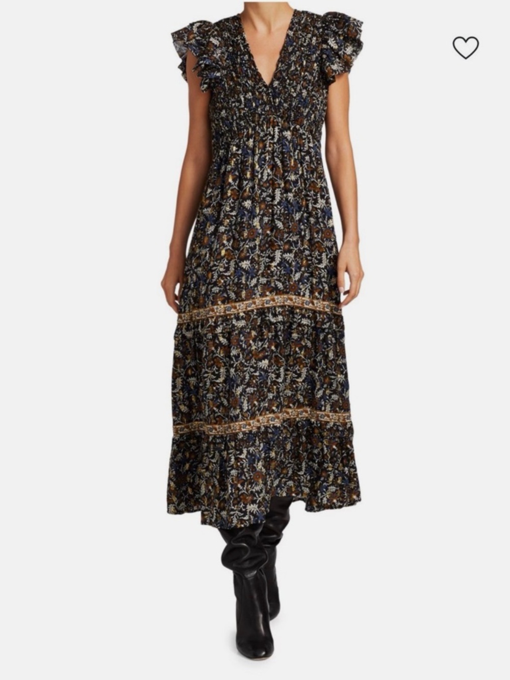 Sea New York Navy and Brown Floral Smocked Midi Dress
